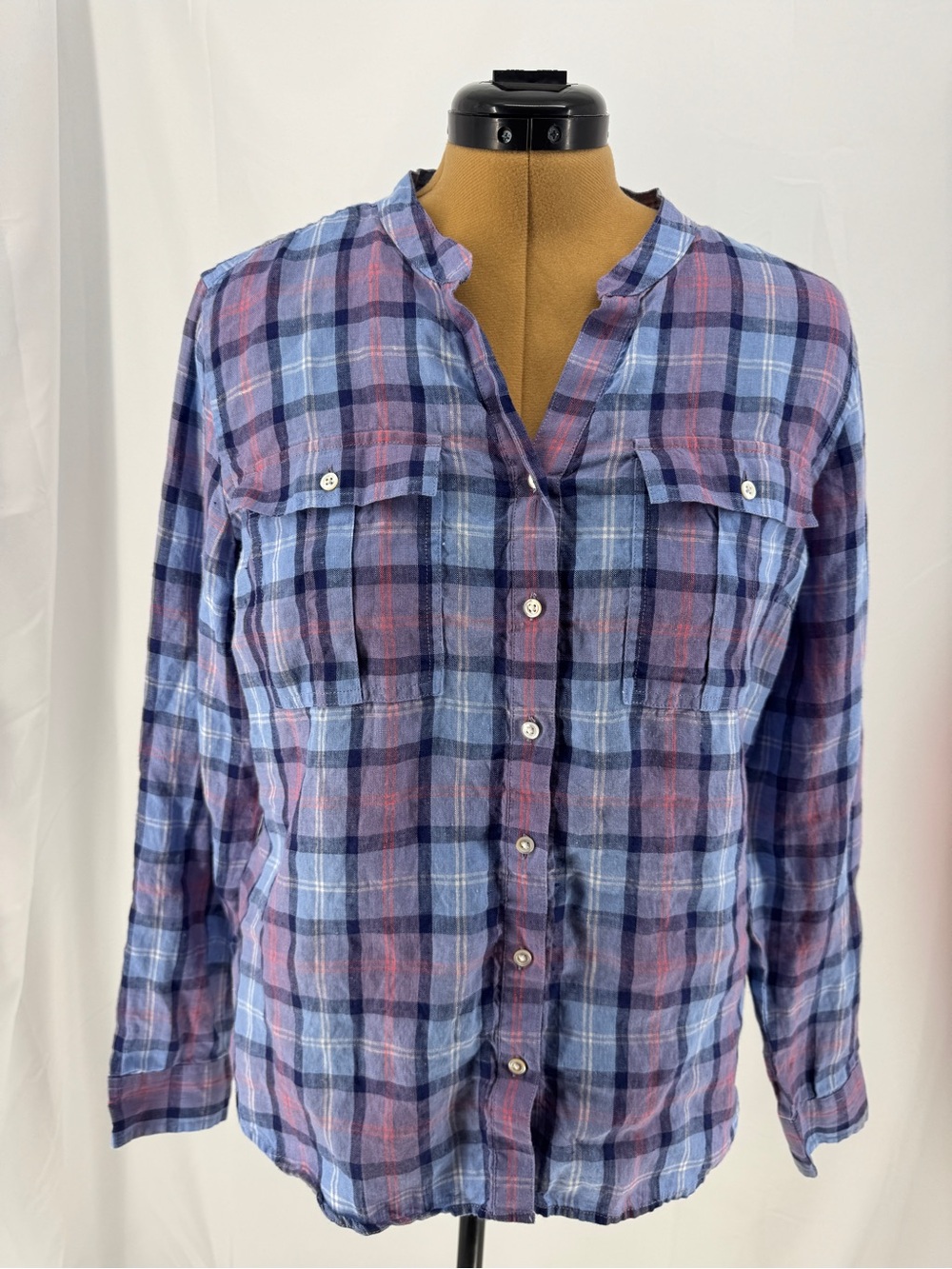 L.L.Bean Blue & Pink Plaid Linen Button-Up Shirt EUC 0083